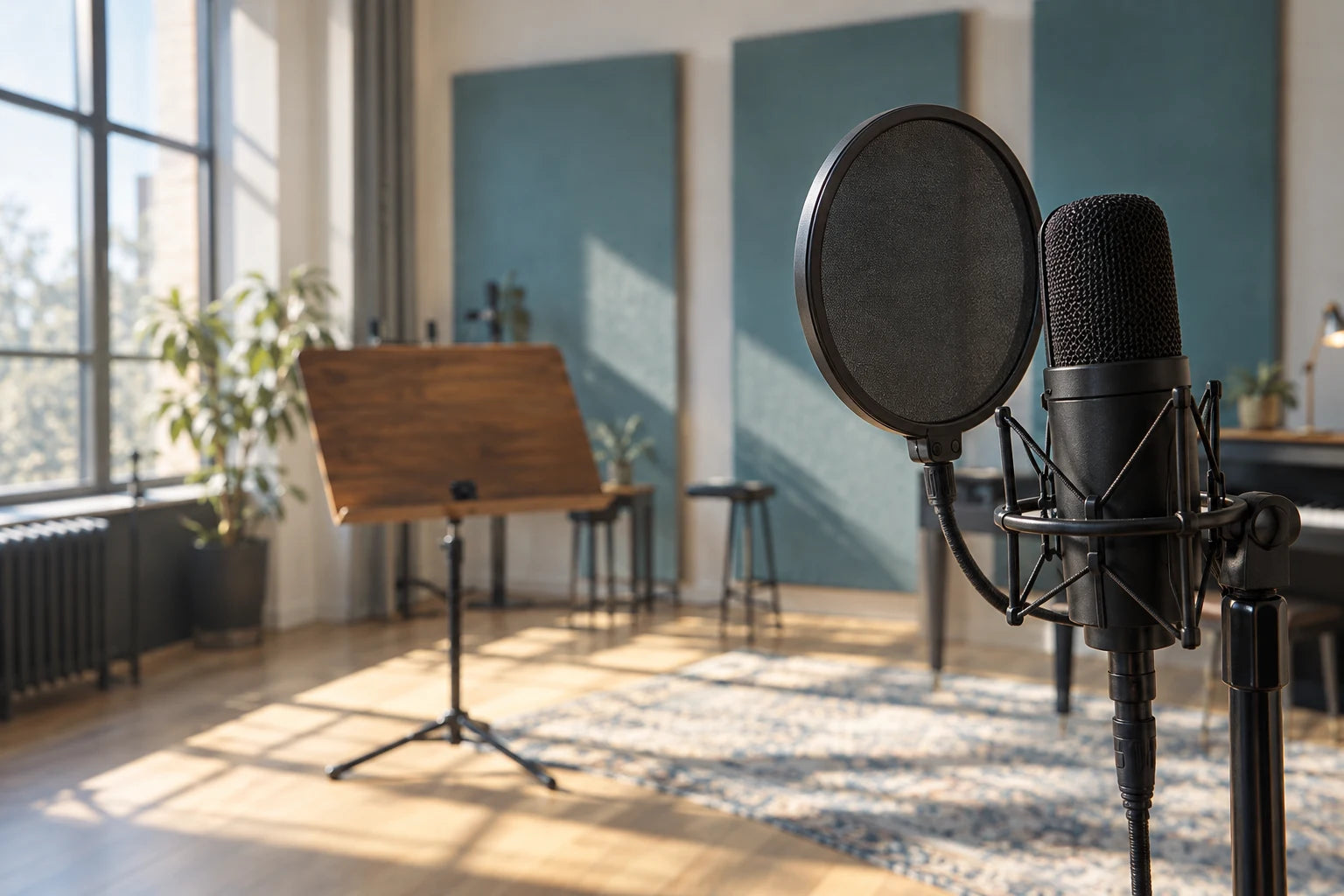 Illustrative rehearsal room with a microphone and music stand