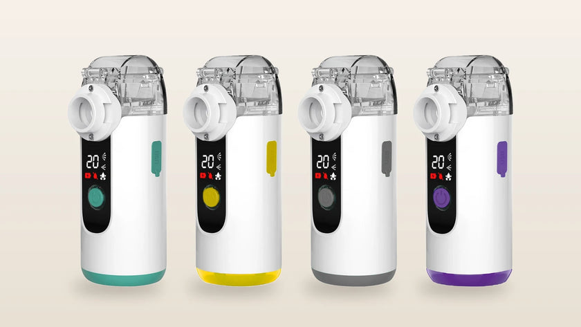 Four Mayluck MY139 portable mesh nebulizers in blue, yellow, grey and purple