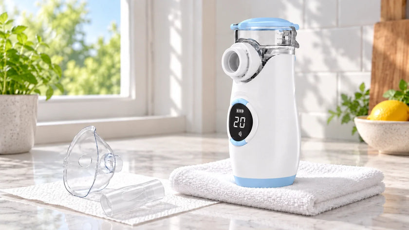 Mayluck MY135 nebulizer with a mask and mouthpiece air-drying on a kitchen counter