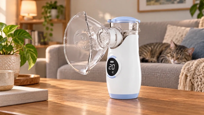 Mayluck MY135 nebulizer on a coffee table with a cat resting on a sofa behind it
