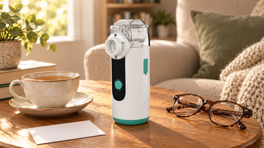 Mayluck MY139 nebulizer on a living-room side table next to reading glasses
