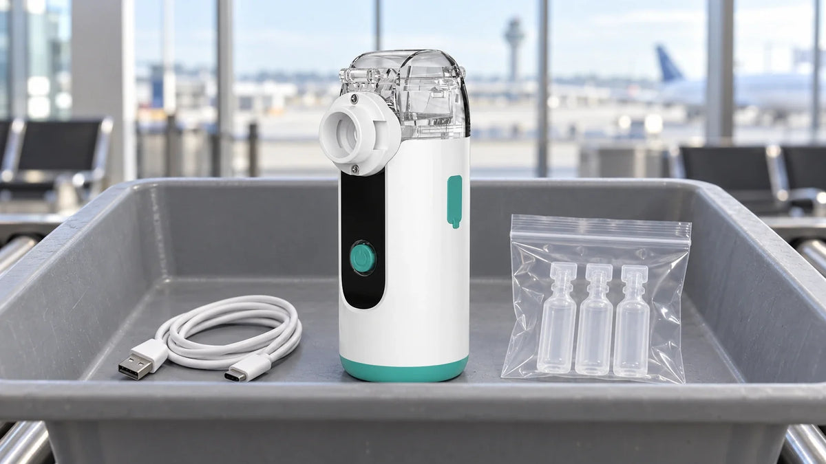 Mayluck MY139 nebulizer in an airport security bin with a clear bag of liquids