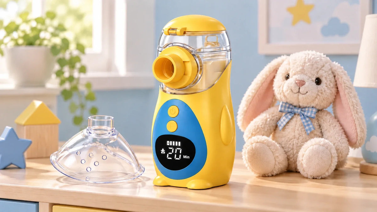 Mayluck MY-152B yellow nebulizer on a child's bedroom shelf with a child mask