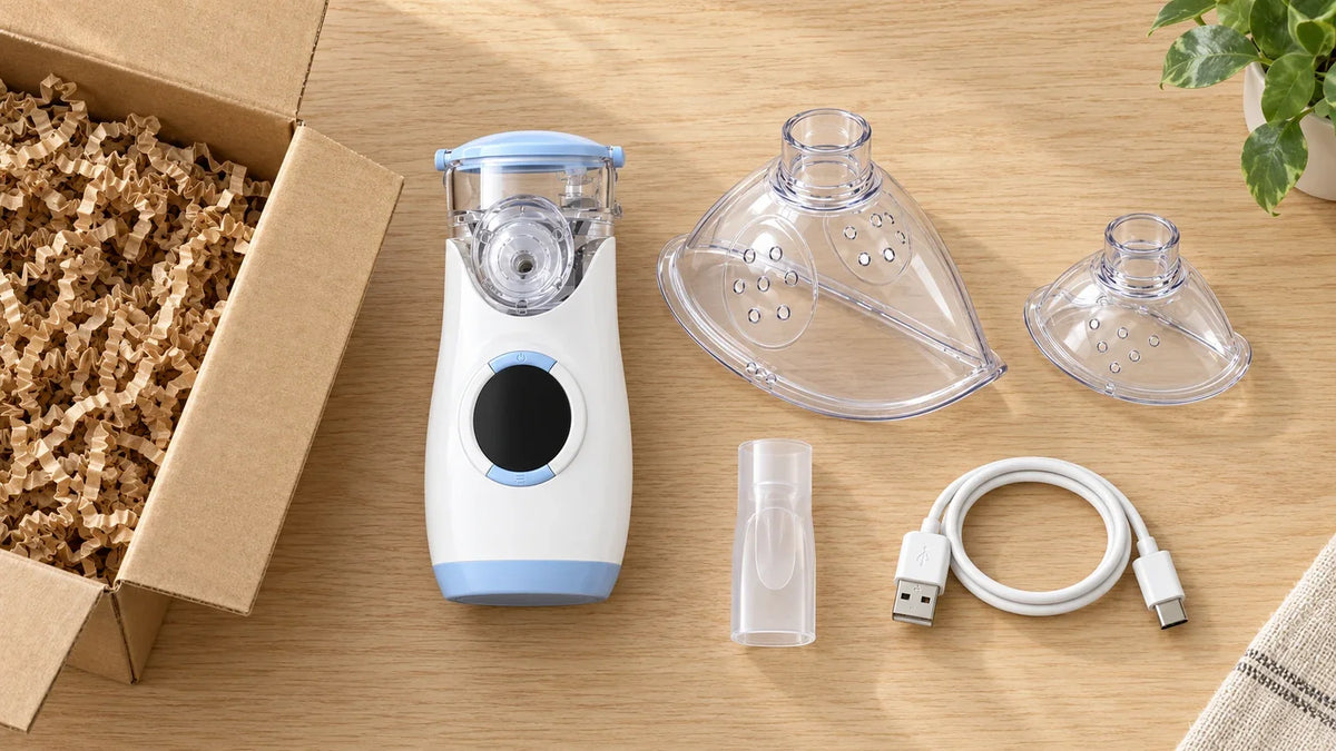 Mayluck MY135 nebulizer kit unboxed with adult mask, child mask, mouthpiece and cable