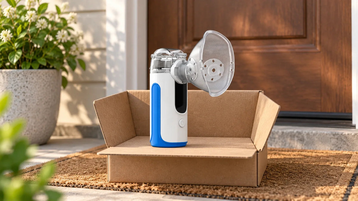Mayluck MY-131B nebulizer delivered in a shipping box on a front porch