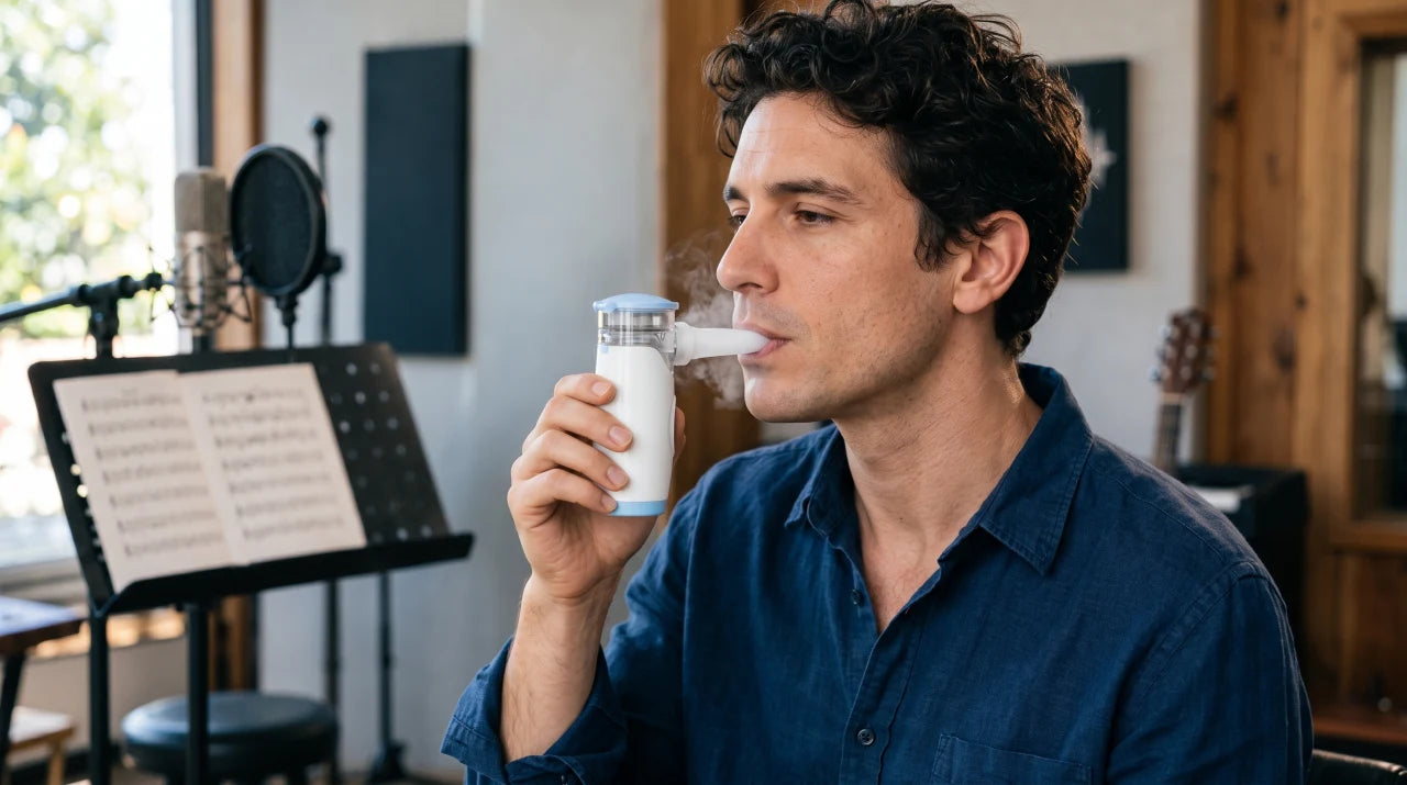 Singer using the MY135 portable mesh nebulizer with a mouthpiece during a rehearsal break